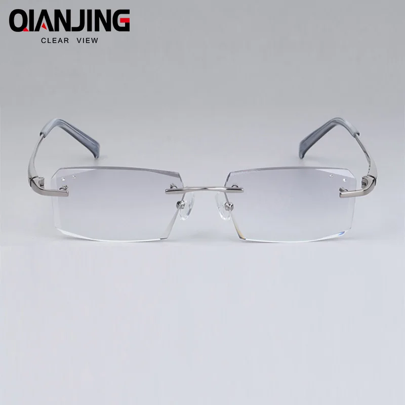 

QJ Luxury Eyeglasses Rimless Men Myopia Prescription Eye Glasses Diopter Rhinestone High Clear Lenses gentlemen Reading Eyewear