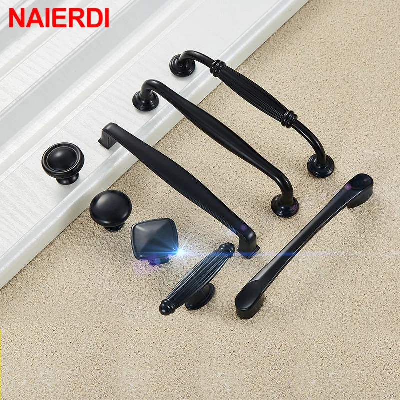 NAIERDI-tiradores de armario de estilo americano, pomos de aleación de aluminio sólido, tiradores de cajón, herrajes para muebles, color negro