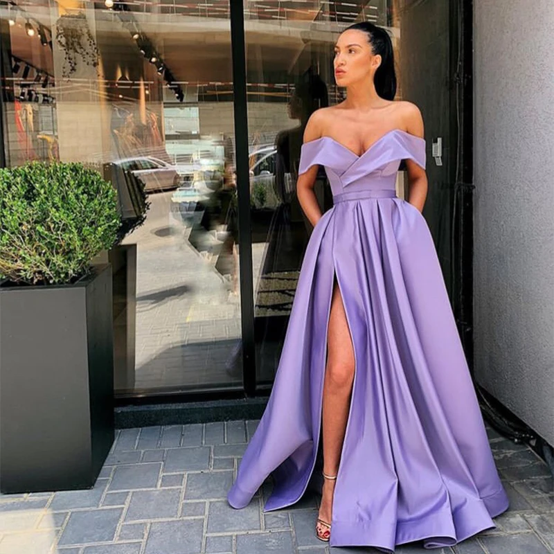 Robe De Bal en Satin violet, asymétrique épaule dénudée, échancré, Simple, longue, robes d'occasion formelles, 2019