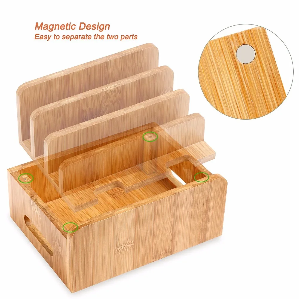 Bamboo Wooden Charging Dock Station Charger Holder Stand for iPhone iPad Kindle mobile phone Desktop Stand Wire management stora