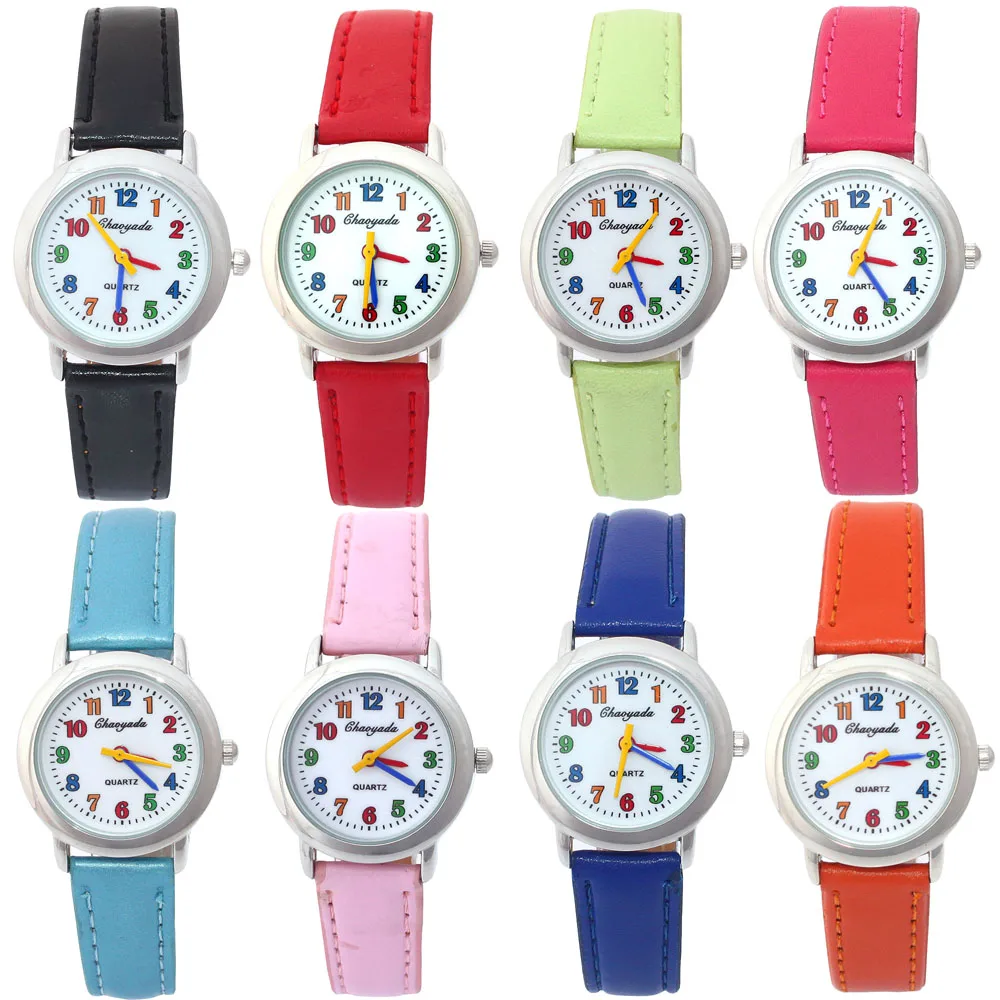 Mode Runde Lernen Zu Zeit Kinder Junge Mädchen Schwarz Leder Quarz Student Armbanduhr kinder Tutor Uhr U13 Mädchen Jungen uhren