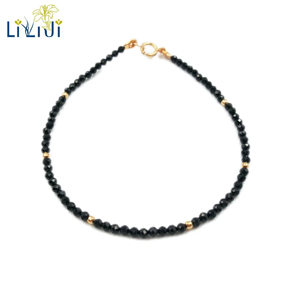Lii Ji Natural Stone Black Spinel 2-3mm Faceted Beads&925 Sterling Silver Beads Clasp Fine Bracelet 7\'\'-8\'\'