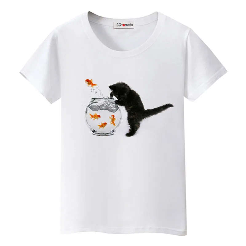 

BGtomato cat eating fish funny tshirt hot sale brand new casual tops short sleeve summer lovely cat t-shirt womens lovely tees