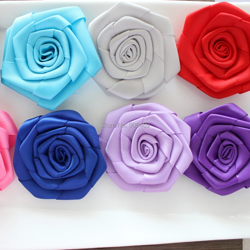 DIY 7cm Rose Flower ribbon Flower satin hair Flower Flat Back for girl kids 100pcs