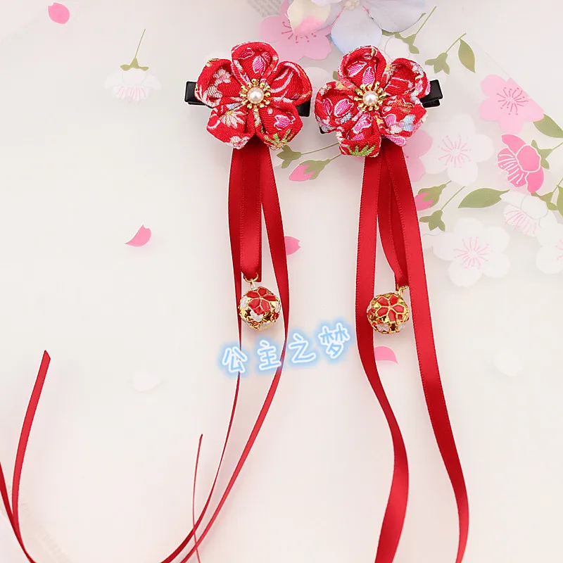 

Princess Hair Clips Kanzashi Yukata Kimono Accessories Red Pink Girls Tassel Sakura Flower Ribbon Beading Festival Present HW015