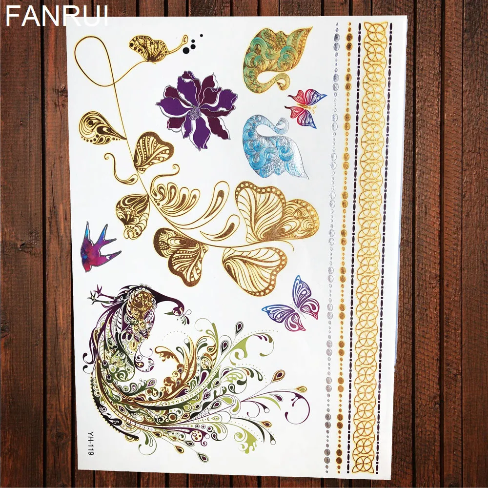 Gold Metallic Butterfly Temporary Tattoo Lance Henna Flower Women Flash Tattoo Sticker Girl Body Hand Art Waterproof Tatoos Leaf
