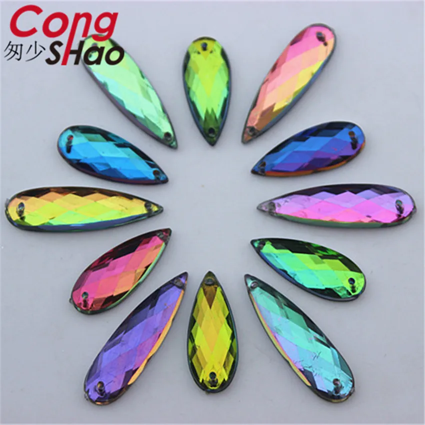 Cong Shao 100pcs 8*21/8*28mm Rainbow color Crystal Stones Acrylic Rhinestone Flat Back  sewing 2 Hole Wedding Dress Button CS338