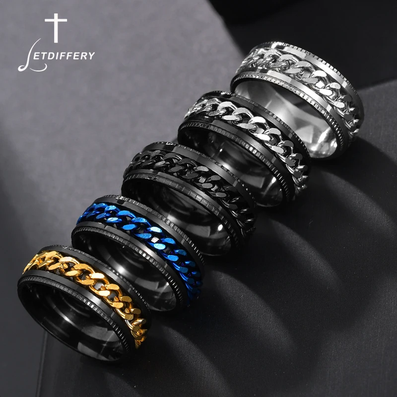 Letdiffery Punk 8mm Spinner Chain Men Rotatable Ring Black Blue Stainless Steel Rotatable Cool Jewelry Party Gift