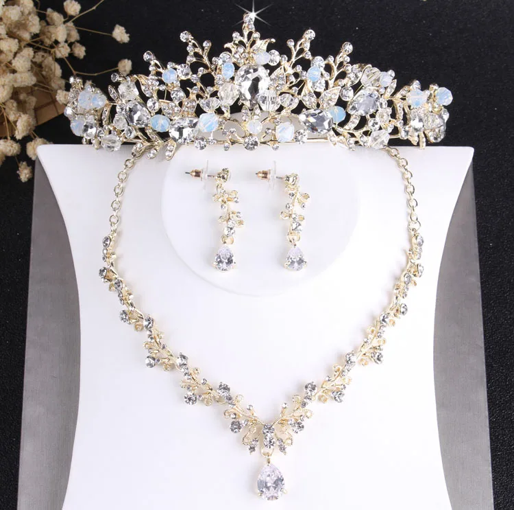 Baroque Noble Crystal Bridal Jewelry Sets Vintage Gold Color Rhinestone Wedding Tiara Necklace Earrings for Bride Hair Ornaments