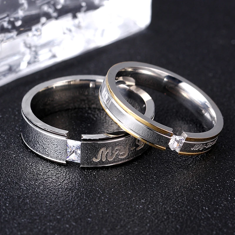 CZ Couple Ring Titanium lovers ring shining crystal drill titanium steel couple rings wedding ring