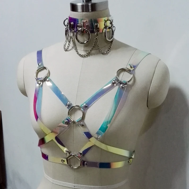 

100% Handmade Harness Holographic Choker Harness Hologram Star Pentagram Rainbow Top Bra Bondage Waist Belt Straps