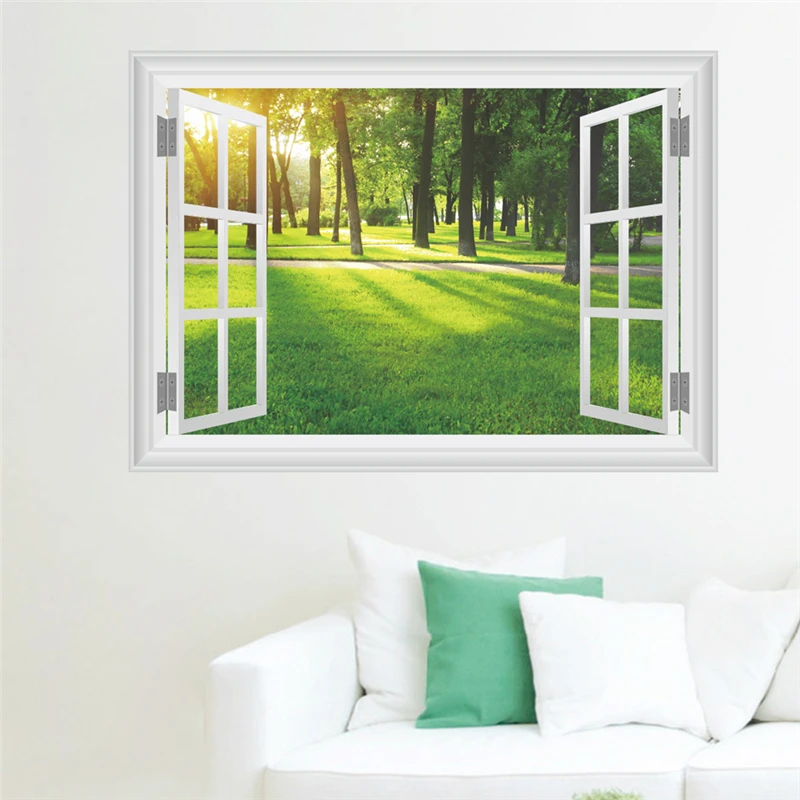 3d Fake Window Wall Stickers For Office Living Room Bedroom Home Decoration Sea Hill Animal Forest Space Scenery Mural Art Decal