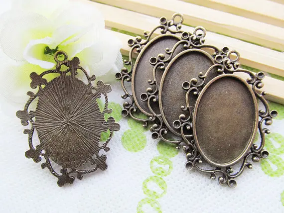 5pcs Antique Silver tone/Antique Bronze Oval Flower Border Base Setting Tray Bezel Pendant Charm,Fit 20mmx30mm Cabochon/Cameo