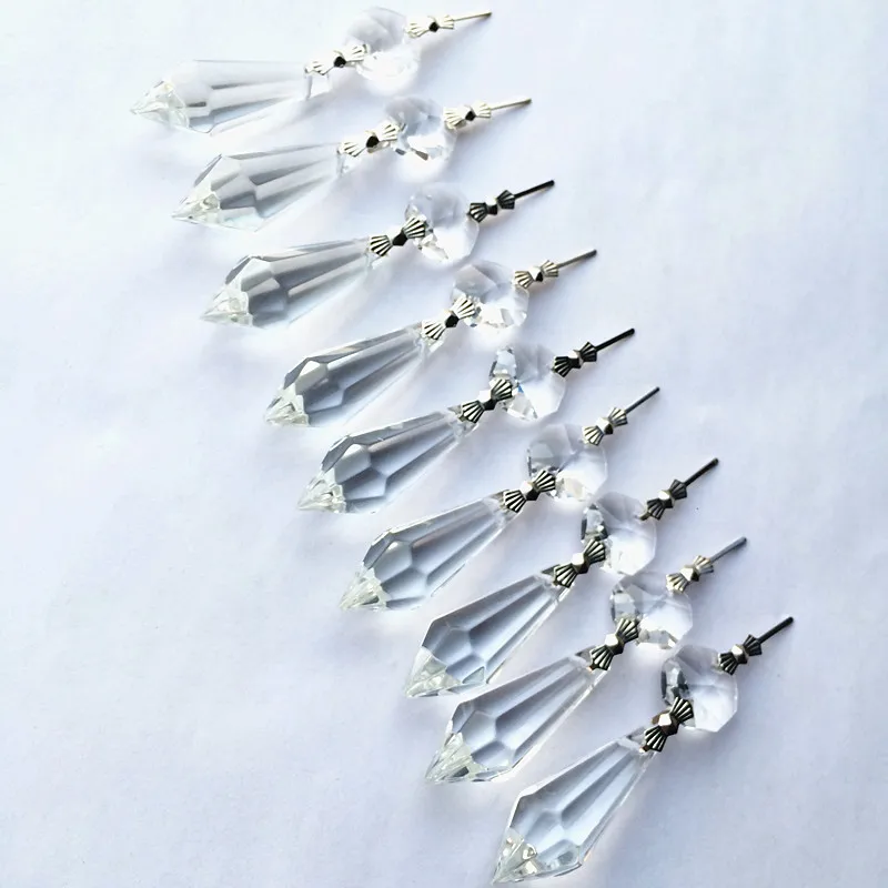 

30 Clear GLASS ICICLE CHANDELIER 38mm CRYSTAL PRISMS PENDANT SILVER BOW TIES For BIRTHDAY WEDDING CAKE TOPPER,EVEN PARTY SUPPLY