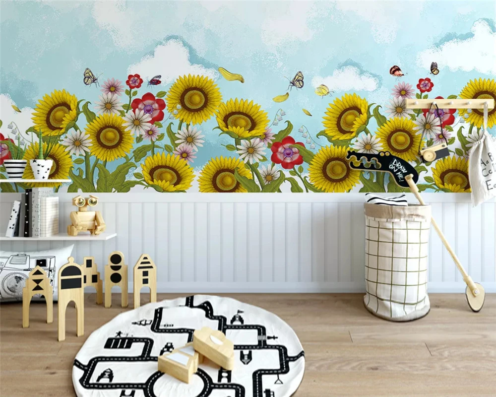 Papel de pared beibehang personalizado con personalidad moderna, papel tapiz vintage de girasol pintado a mano, pintura decorativa de fondo