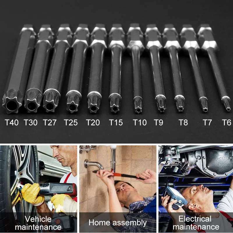 HOEN 11pcs/set Electric Screwdriver Bit Set For Magnetic Screwdriver Bit Tool Set 100mm Long Steel Magnetic Torx Hex Security