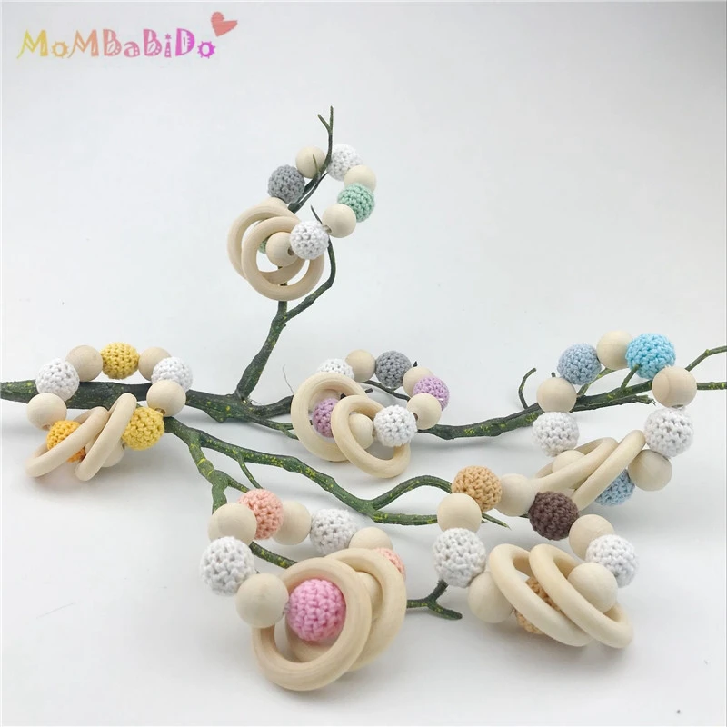 Montessori brinquedos chocalho do bebê 2pc brinquedo mordedor de madeira anel crochê contas de madeira pode mastigar pram corda diy pulseira melhores presentes