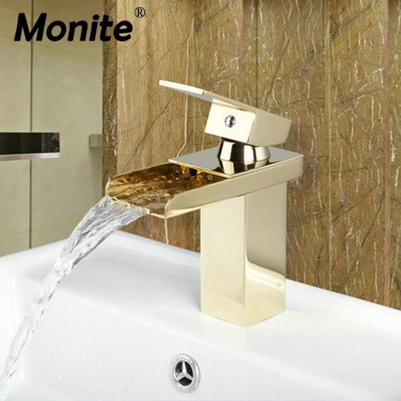 Monite New Brand Deck Mount Golden Polish Basin Bathroom Waterfall Deck Mount Singel Handle Sink Faucet Mixer Taps