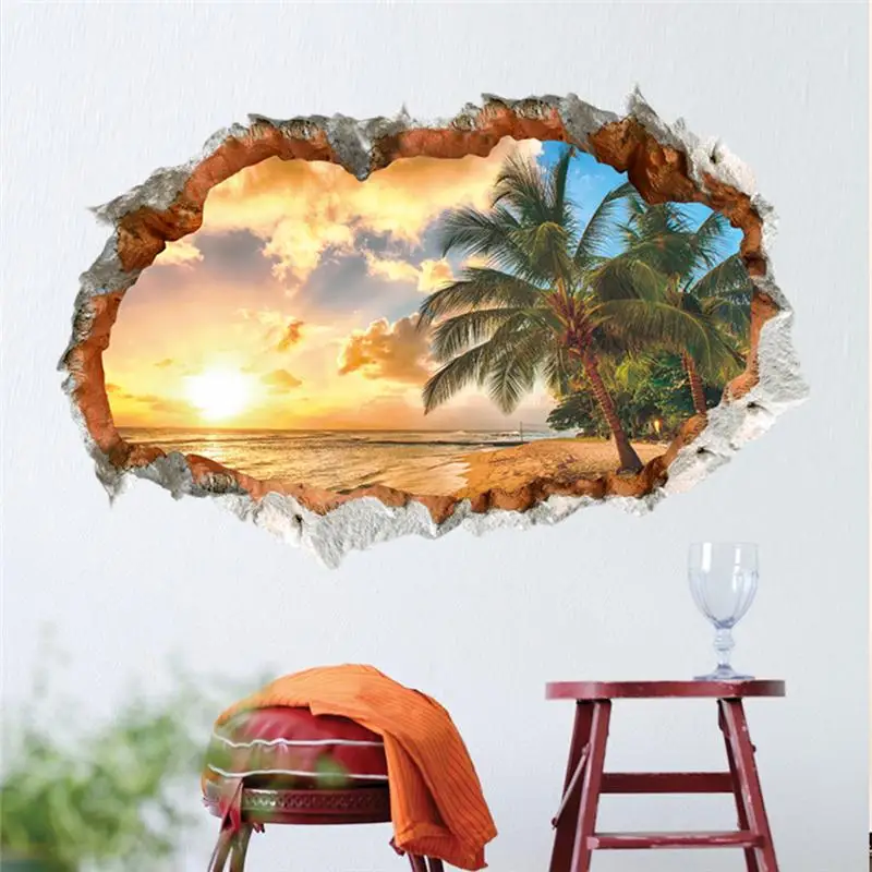 Seabeach Sunset Coconut Tree Wall Stickers For Office Shop Home Art Pvc Wall Decals Decoration Diy 3d Broken Hole Scenery Mural
