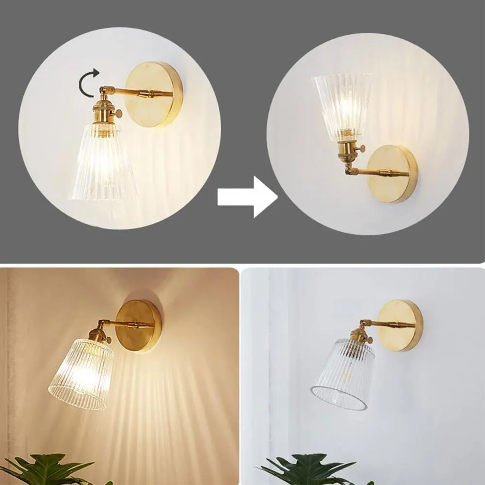 Lámpara de pared de vidrio transparente, candelabro moderno, iluminación nórdica, luz de pared de cobre, pantalla transparente Retro para dormitorio