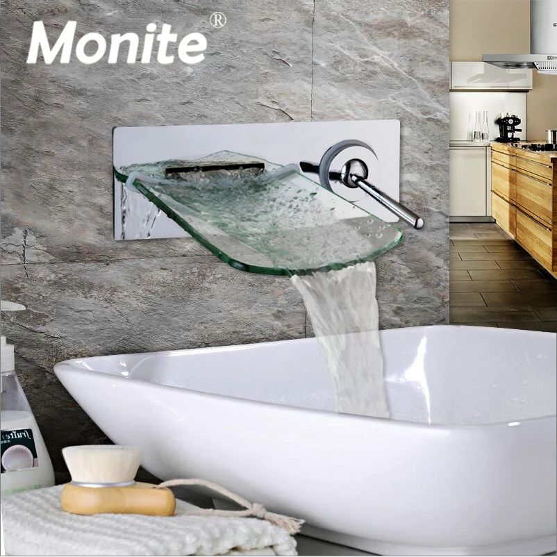 

Monite Wall Mounted Waterfall Glass Spout Chrome Brass Bathroom Faucet Single Handle Hot And Cold Mixer Tap