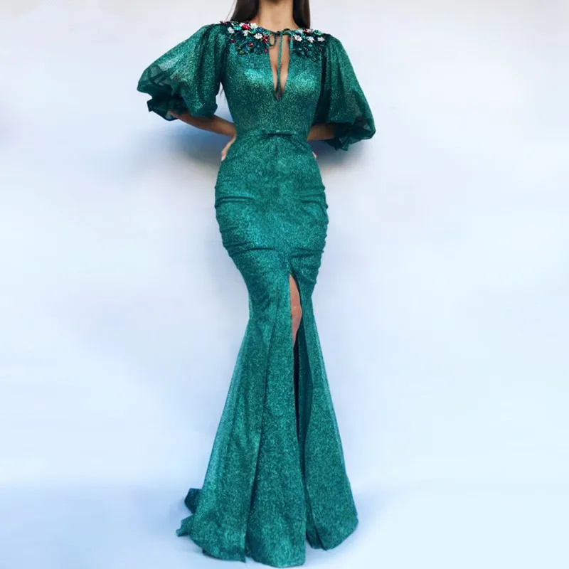 

Green Muslim Evening Dresses Mermaid Half Sleeves Sequins Crystals Slit Islamic Dubai Saudi Arabic Long Formal Evening Gown