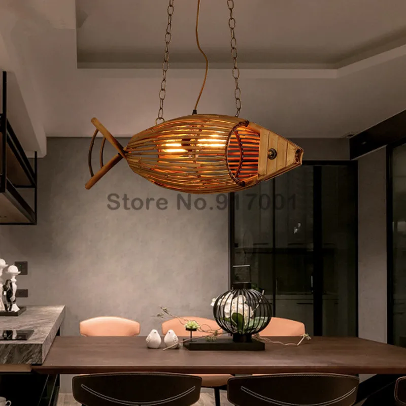 Wood Light Originality Fish Pendant Lamp,Rural Retro Restaurant Cafe Bar Hanging Light Personality Bamboo Weaving Pendant Lights