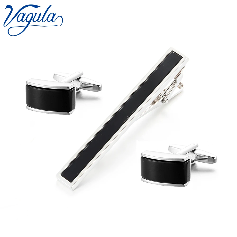 

VAGULA Cufflinks Tie Clip Set Top Luxury Brand Bonito Gemelos Necktie Tie Bar Designed Clasp Black Stone Tie Pin 26