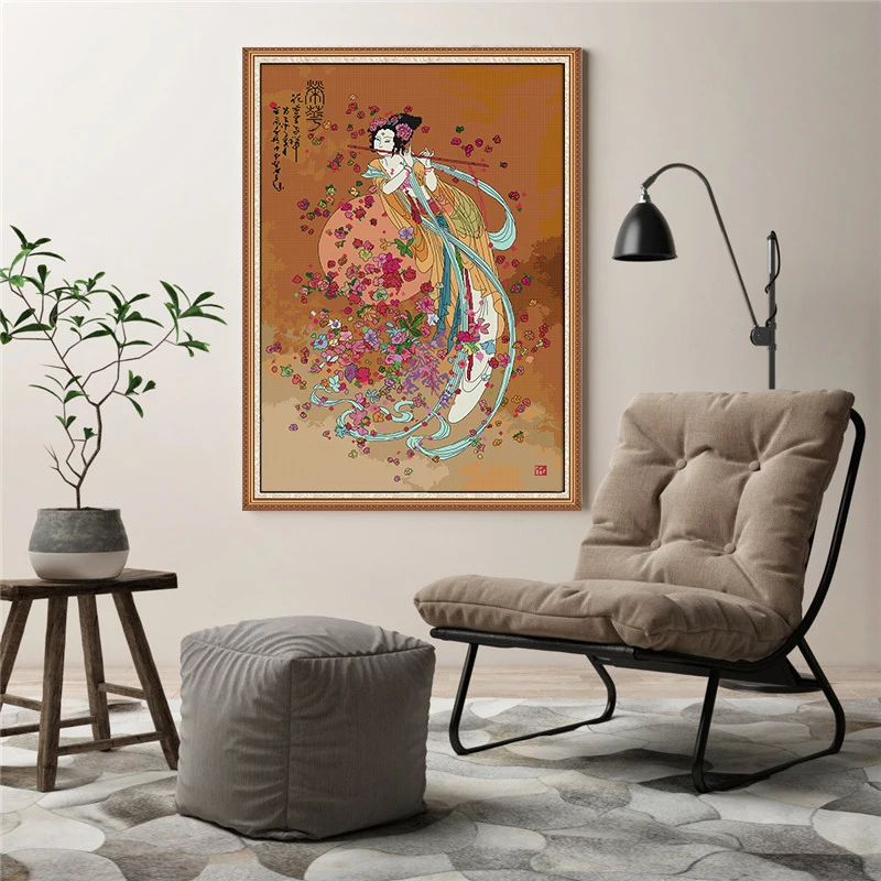 The Goddess Chang'e Flying to the Moon Patterns Cross Stitch Kits 11CT Printed Fabric 14CT Canvas DMC Counted Embroidery Sets