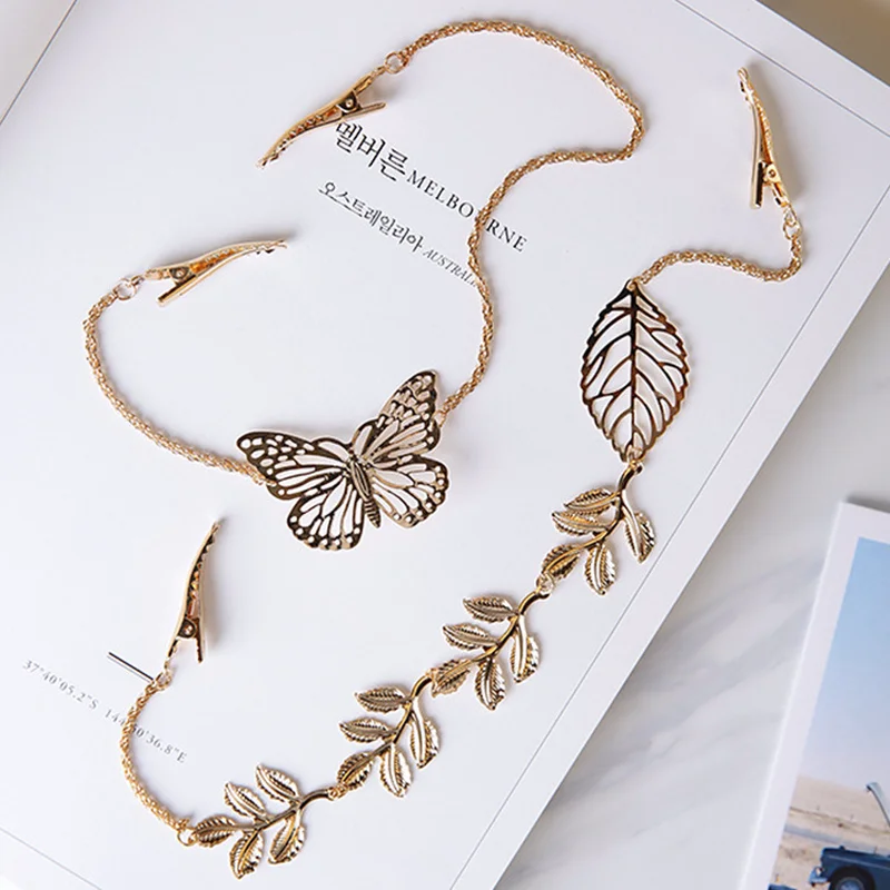Women\'s sweet New Charm Chain Jewelry metal butterfly leaf hairpin headband Hair Accessories