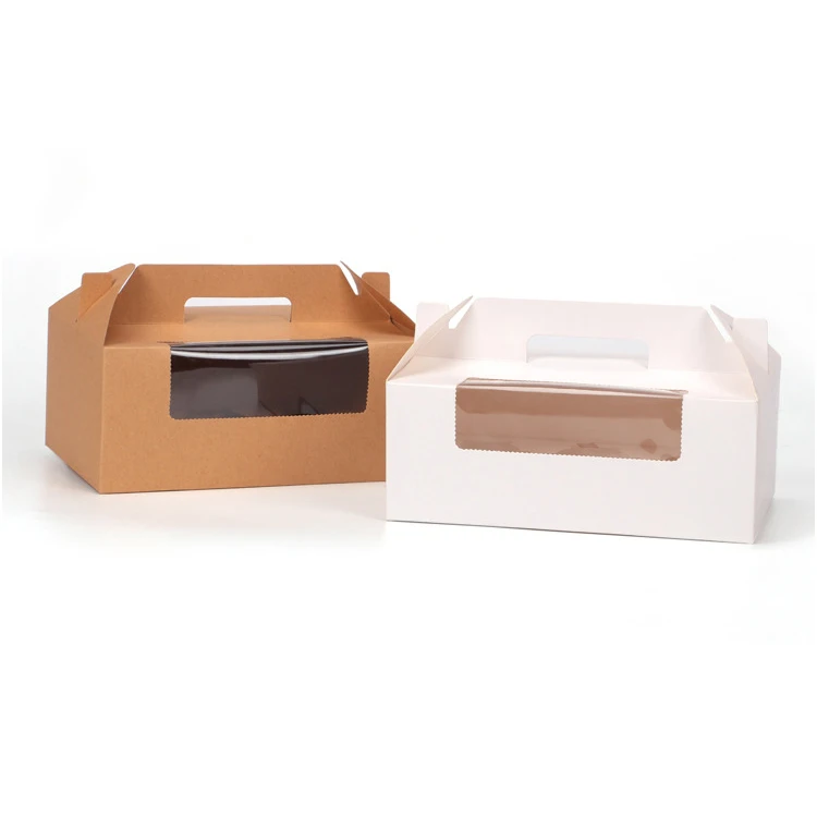 500 pcs 23.5x15x9cm cupcake box with window handle Kraft Paper Gift Packaging box wedding kids Birthday home Party Brown White