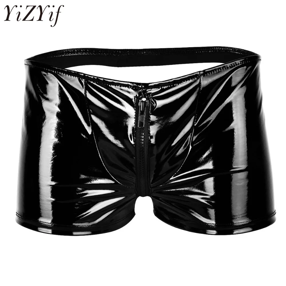 

YiZYiF Black Mens Lingerie Shiny Patent Leather Metallic Open Butt Boxer Shorts Zipper Bulge Pouch Boxer Underwear Panties