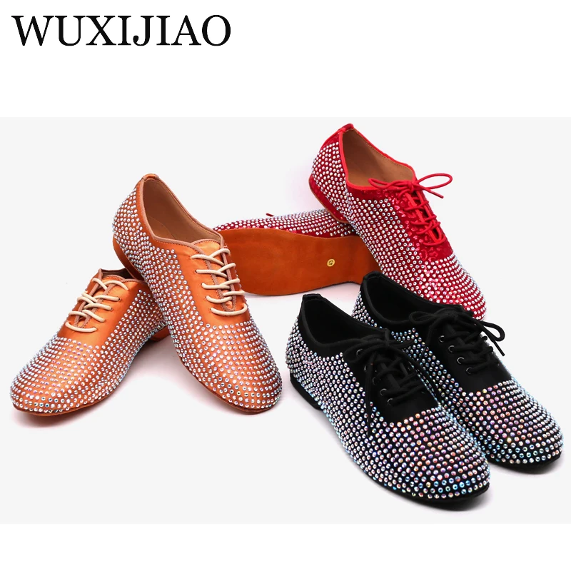 WUXIJIAO Latin Dance Shoes Men\'s Satin rhinestone Ballroom Dancing Shoes Men Soft Bottom Social Party Shoes Low Heel 2cm