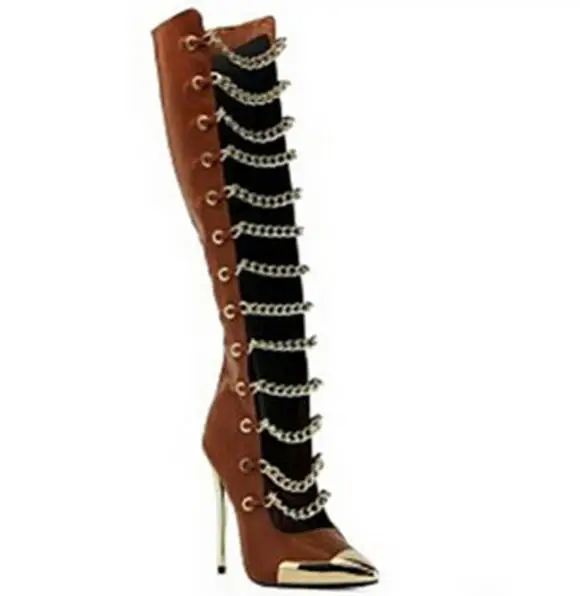 Sexy Gold Chains Decorated Boots Pointed Toe High Heel Knee High Gladiator Sandals Boots For Women Summer Dress shoes woman Free