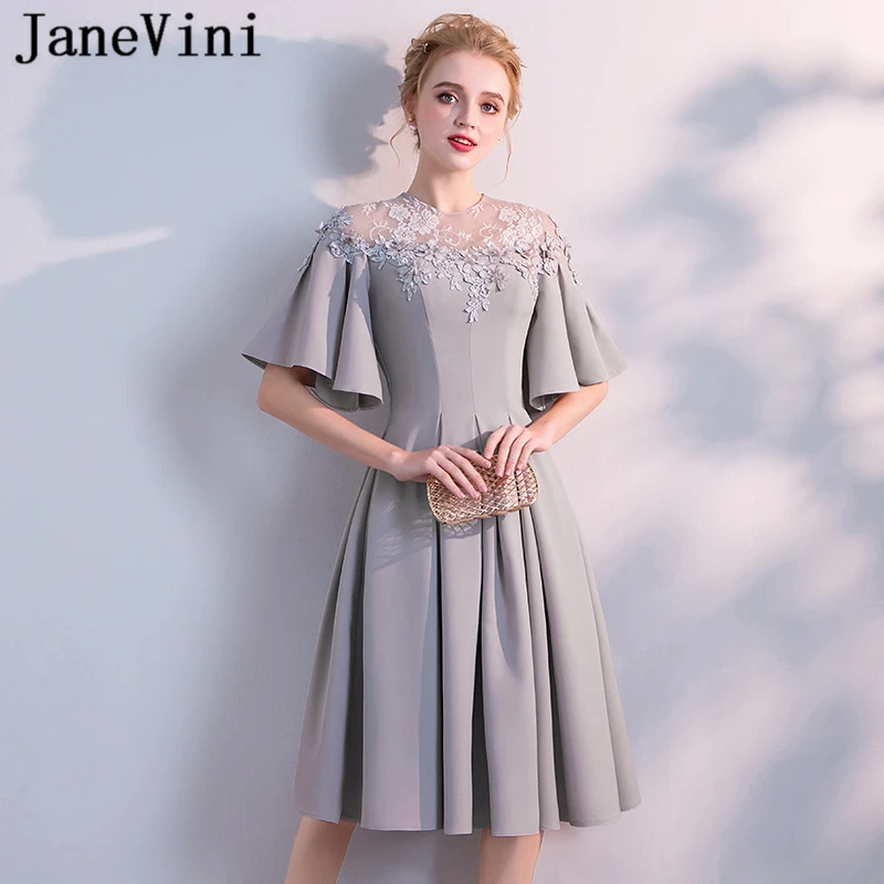 JaneVini Elegante Korte Grey Prom Dress Puffy Korte Mouwen EEN Lijn Kant Applicaties Kralen Illusion Terug Satijn Formele Party Jurken