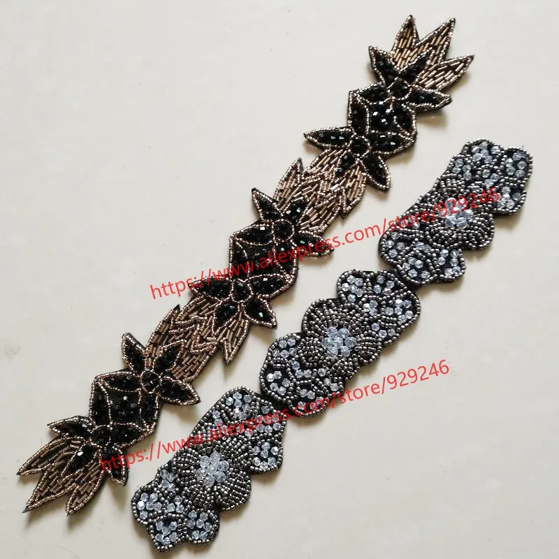 2pcs/lot black gold star beaded applique fabric base grey flower beads patch for dress belt decoration garment accessory