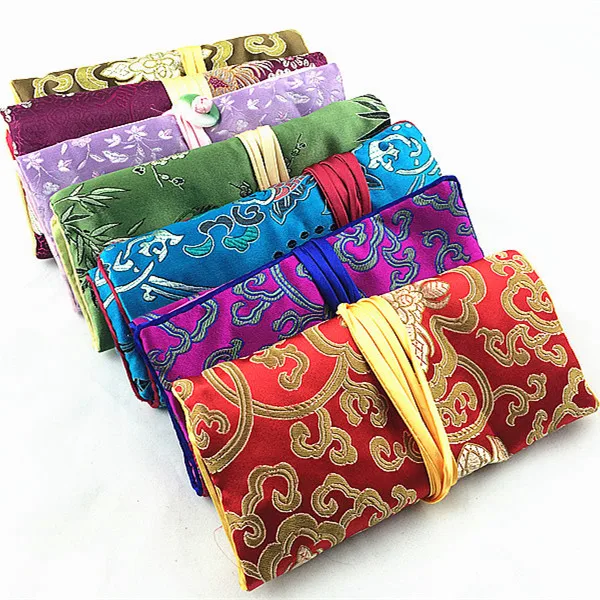 10pcs Custom Silk Brocade Jewelry Roll Up Bag Travel Storage Pouch High End 3 Zipper Ladies Jewellery Makeup Purses with Ties