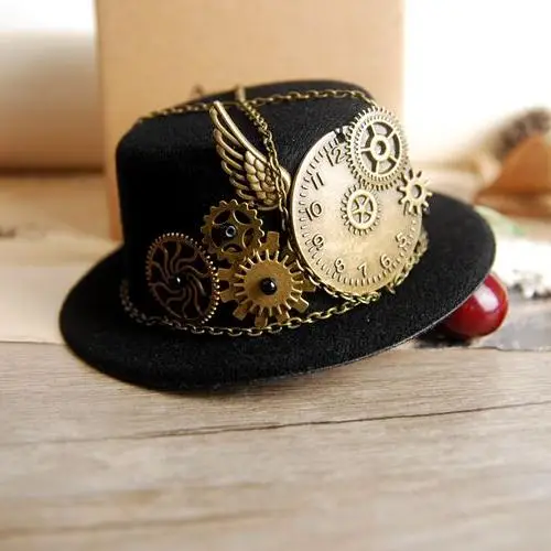 Steampunk Gear & Clock Chain Mini cappello a cilindro Lolita Cosplay cappello fedora nero