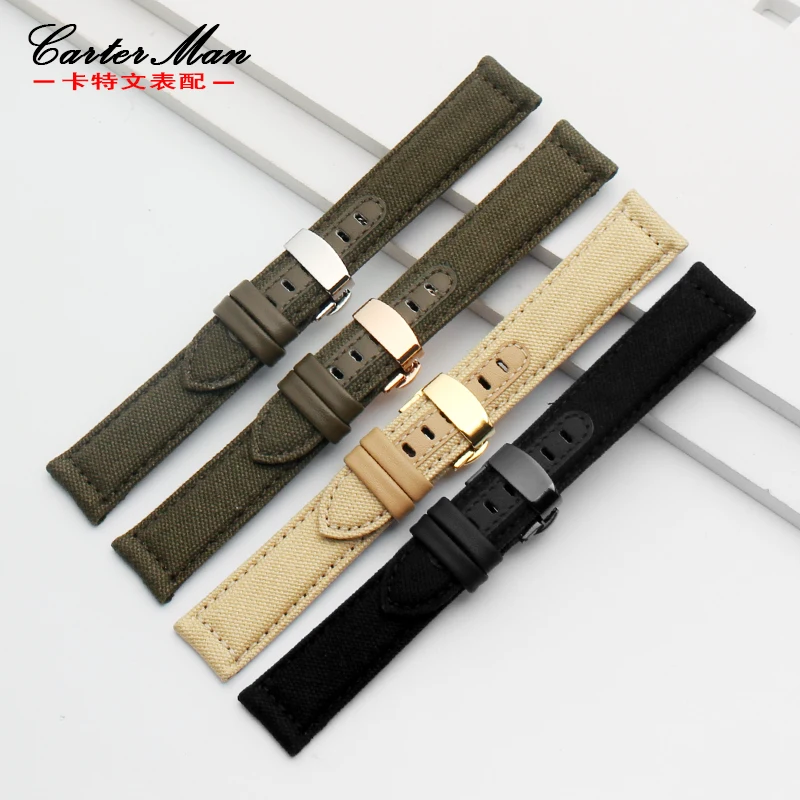 canvas watchband for Timex SEIKO jeep 20mm 22mm 24mm black  khaki army green nylon strap with folding buckle wristband  bracelet