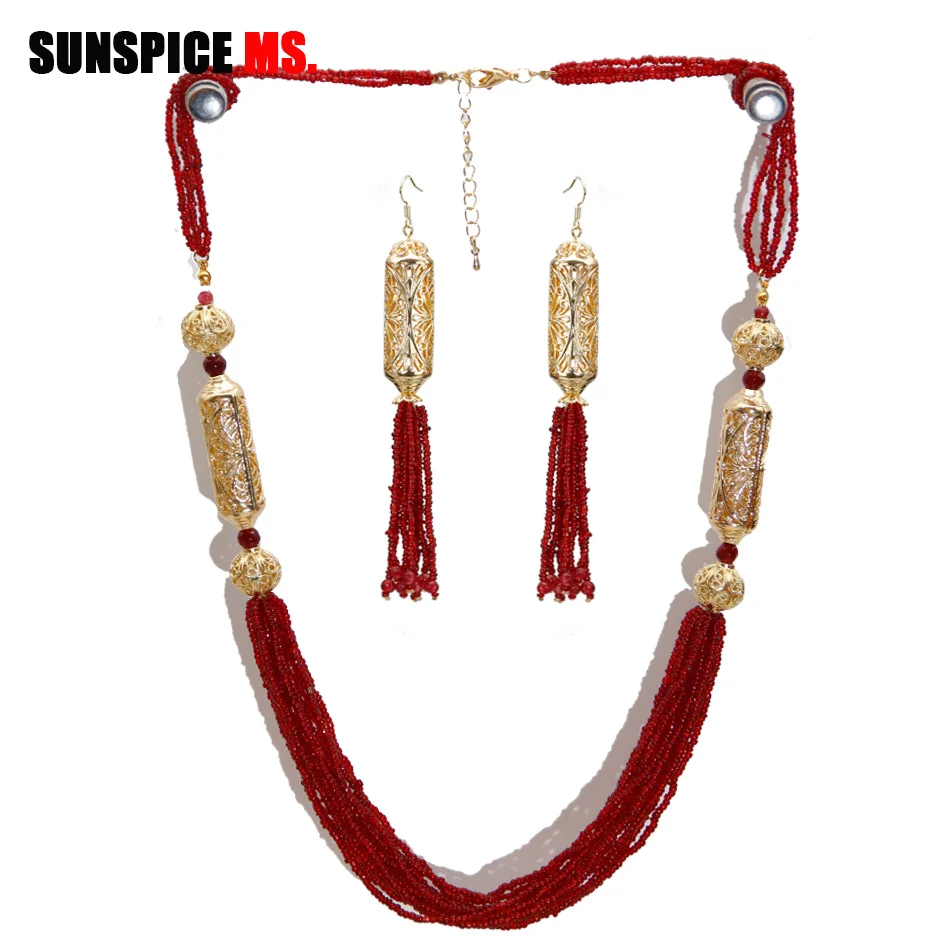 SUNSPICE-MS Fashion Engagement Wedding Jewelry Sets African Beads Bridal Long Necklace Tassels Dangle Earrings Dubai Gold Color