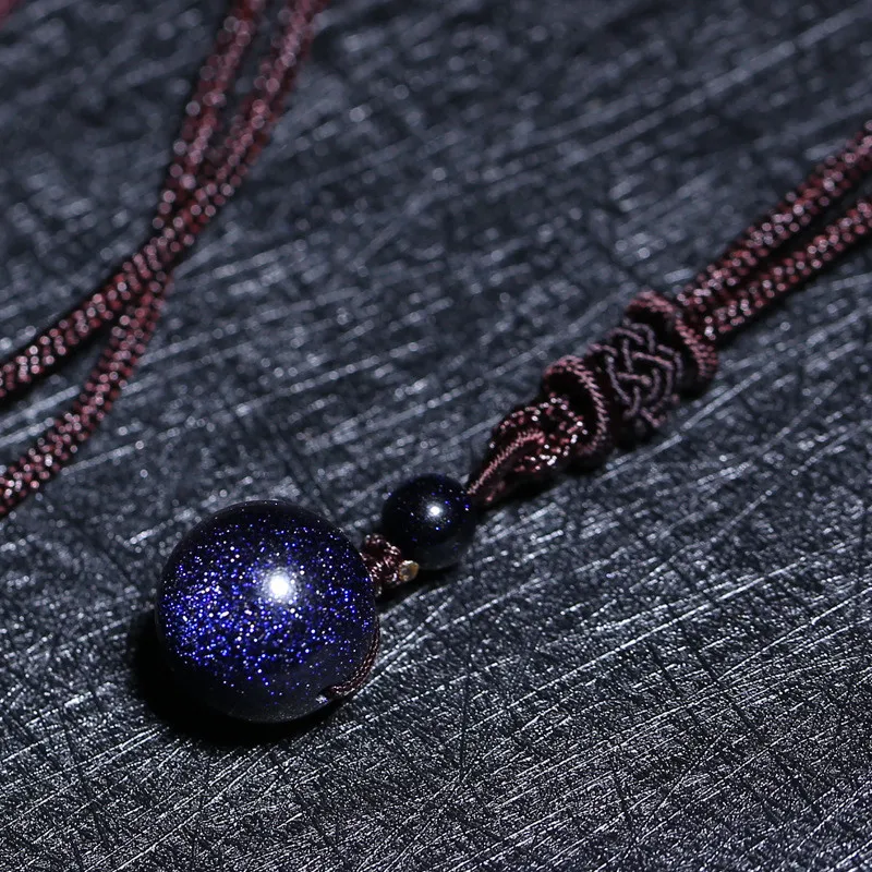 Drop Shipping Natural Stone Blue Sandstone Round Bead Ball Necklace Pendant Aventurine Obsidian Starry Sky Star Energy Gift