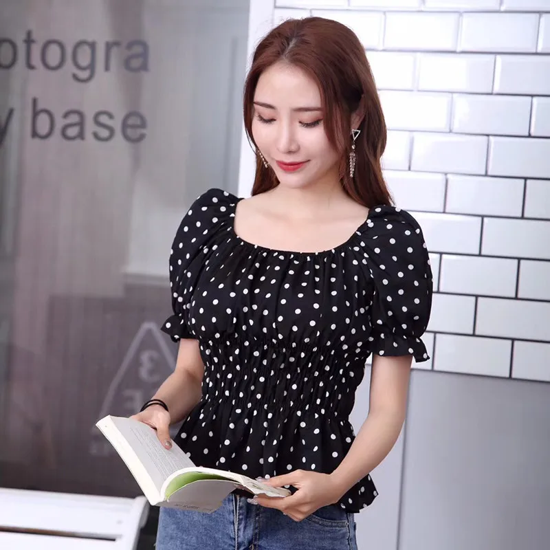 2019 New Summer Autumn Women Dot Chiffon Shirt Sweet Short Sleeve Blouse Female Vintage Ruffles Blouses Short Blusas Tops AB1464