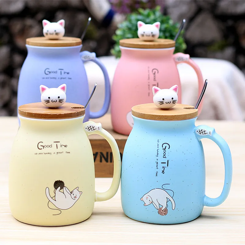 New arrival sesame cat heat-resistant cup with lid color cartoon kitten milk coffee ceramic mug children cup office gifts