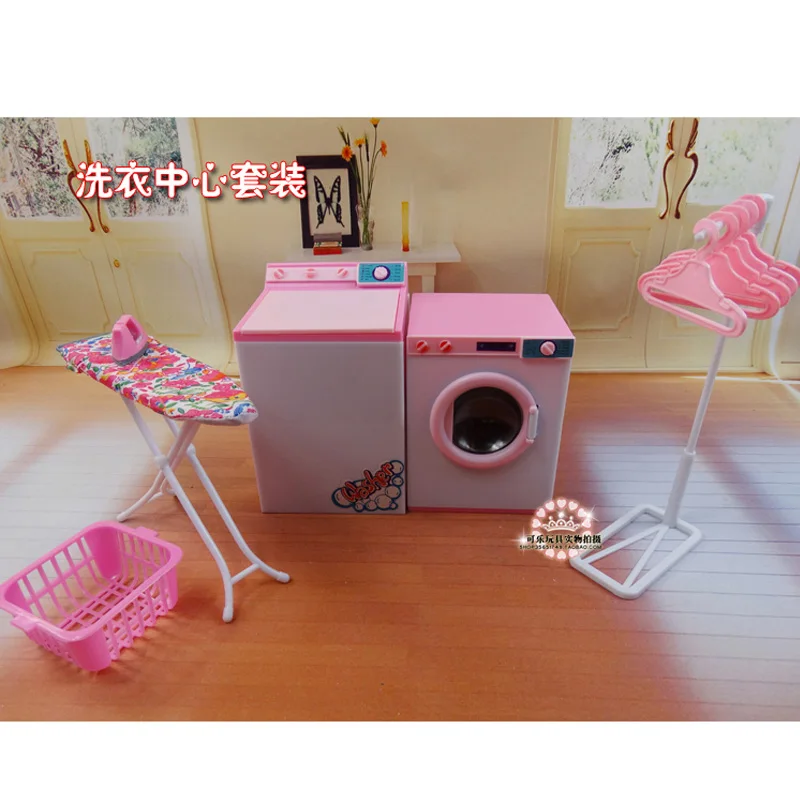 

For Barbie Doll Furniture Accessories Plastic Toy Washing Machine Dry Cleaner Set Iron Hanger Clothes Pole Holiday Gift Girl DIY