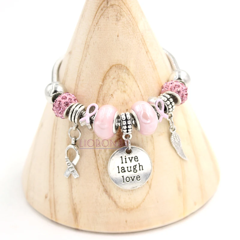 1PC Breast Cancer Awareness Bracelet Pink Ribbon Live Laugh Love Charms Bracelet For Breast Cancer Bijoux Pulsera