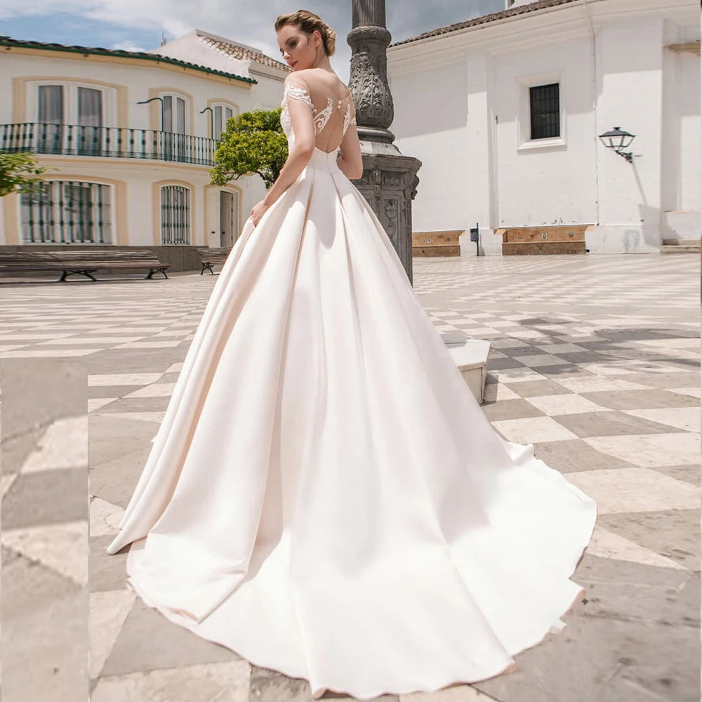 Clássico scoop mangas curtas cetim vestidos de casamento personalizado appliqued branco/marfim bola vestido de noiva vestidos de novia