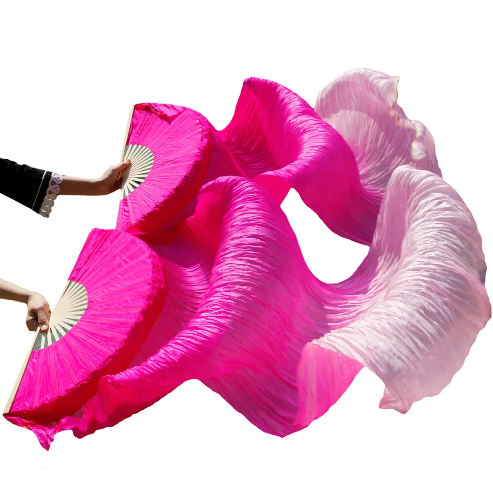 180 *90 cm 100% Silk Bamboo Ribs Long Silk Fans Belly Dance Silk Fans Handmade Dyed Dance Fans Rose red+Pink Can be Customized