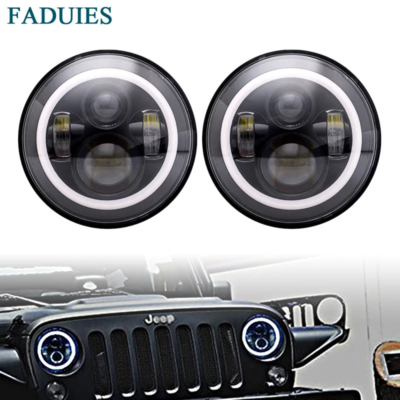 

7" Round H4 40W Hi/Lo Beam LED Headlamp 7" Black Projector Headlight Halo Eyes For Jeep Wrangler JK LJ TJ Lada niva 4x4