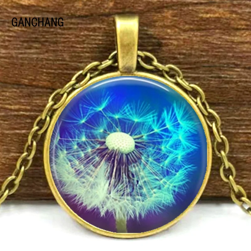 dandelion necklace, dandelion blue pendant, dandelion jewelry, natural lover necklace, blessing necklace, good luck