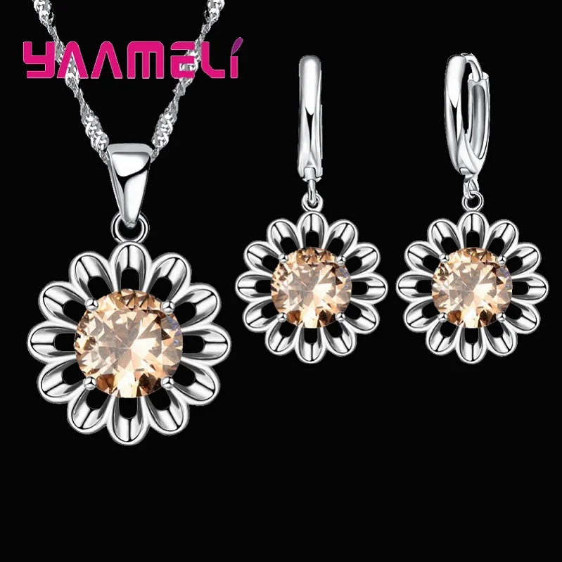 Neue Mode Hochzeit Schmuck Set Frauen Top Qualität 925 Sterling Silber Farbe Kristall Anhänger Halskette Hoop Ohrring Große Förderung
